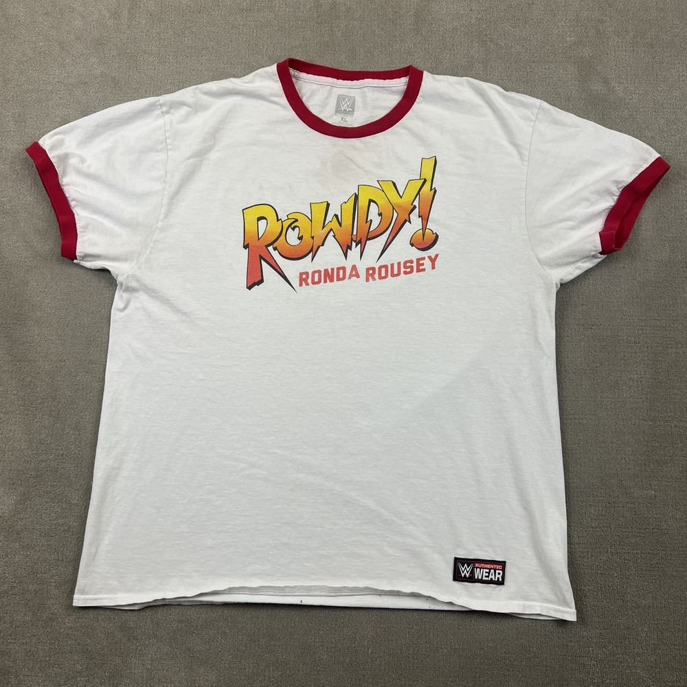 WWE Ronda Rousey Rowdy Ringer T-Shirt Mens XL White Red Graphic Wrestling Tee